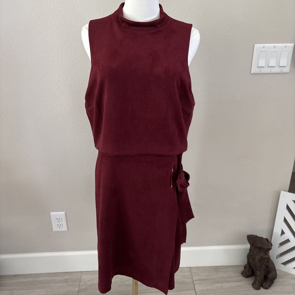 Antonio Melani Burgundy Faux Suede Dress Size 14 Sleeveless Mock Neck Midi